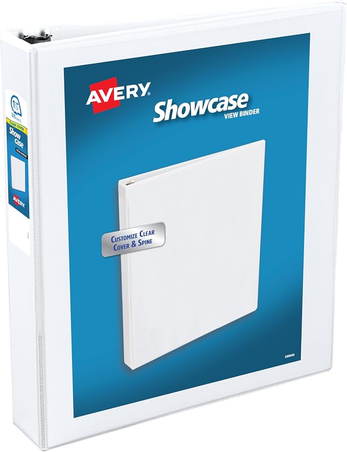 Avery Showcase 3 Ring Binder, 1.5" Slant Rings, 1 White Binder | For School, Home and Everyday Use, Clear View Covers, Interior Storage Pockets, Nonstick PVC-Free Material, Lay-Flat Pages