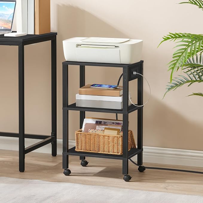 HOOBRO 3-Tier Printer Stand with Charging Station, Under Desk Printer Table, Printer Cart with Storage Shelves, Shelf for Small Spaces, for Home Office, Black BK63UPS01