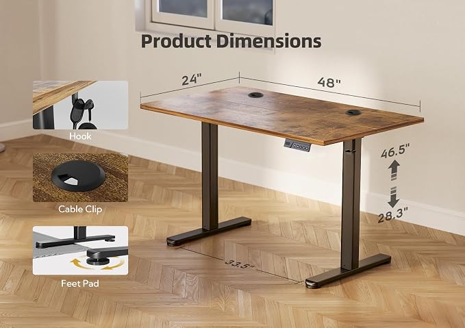 Claiks Electric Height Adjustable Standing Desk, 48x24 Inch, Vintage Brown | Smooth Height Adjustment, 3 Memory Presets, Cable management hub & hook, Stable Steel Frame, 156 lbs Capacity, Easy Assembly
