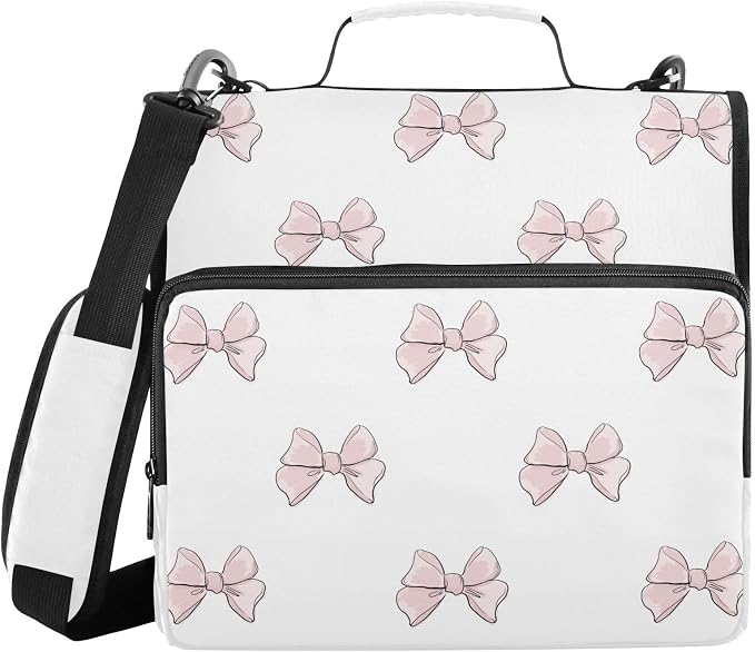 Cute Beautiful Pink Bow Zipper Binder with Shoulder Strap Bag 3 Ring Binder Organizer Large Capacity Multiple Compartments for School Office