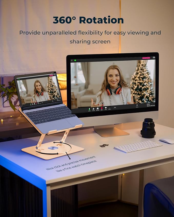 Aoviho 360° Rotating Laptop Stand for Desk | Adjustable, Foldable, Portable Aluminum Ergonomic Riser | Compatible with MacBook, Dell, HP & All Laptops 10-16 inch | Gold