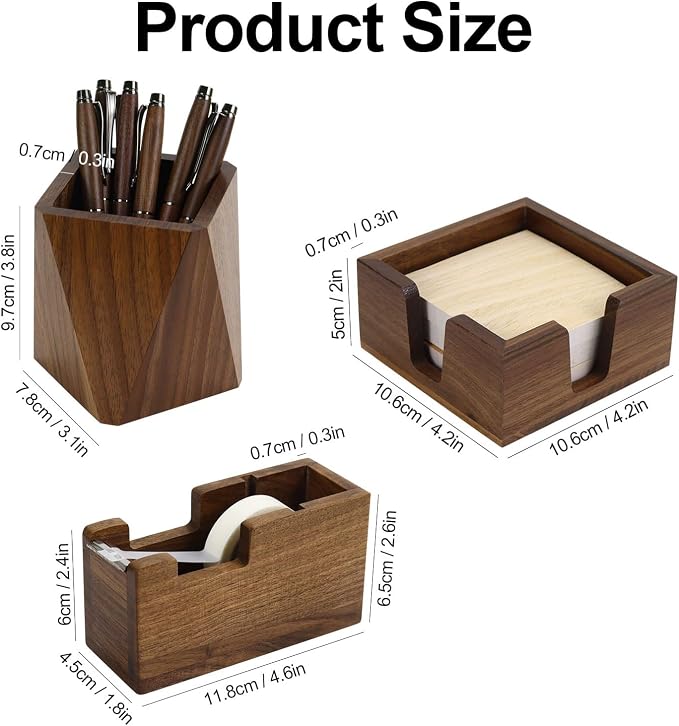 Buqoo Walnut Wood Sticky Note Holder Tape Dispenser Rhombic Pen Holder Set | 3pcs walnut wood desk accessories set with sticky note holder, tape dispenser and pen holder for an organized workspace