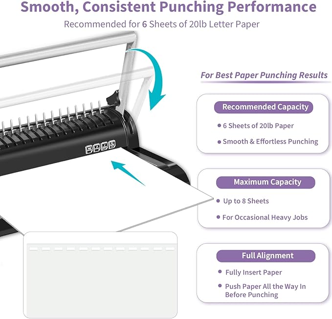 Binditek Binding Machine, 19Hole, 145 Sheets, for Letter Size, Fixed Margin | Comb Binding Machine, Punch 6-8 Sheet, 145 Sheets, Comb Binder Machines with 30 Pcs 1/2" Binding Combs, for Letter Size