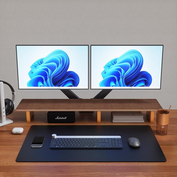Aothia Solid Wood Dual Monitor Stand Riser for Desk, 43 Inch Black Walnut Computer Monitor Riser with Cork Legs, Extra Long Desktop Organizer Shelf for 2 Monitors, Laptop & Printer