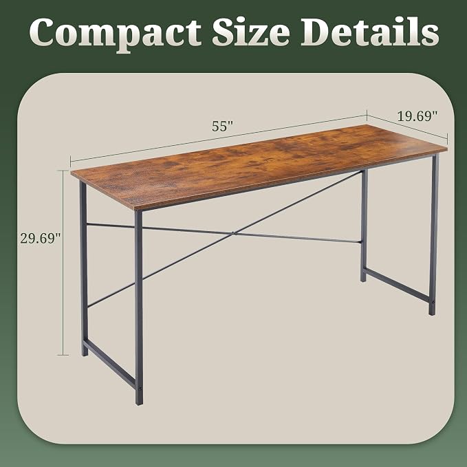 55 Inch Computer Desk, Writing Desk for Home Office Study Workspace | 265 lb Capacity, Reinforced X-Frame, Waterproof MDF Top, Scratch-Resistant Surface, Easy Assembly, Brown