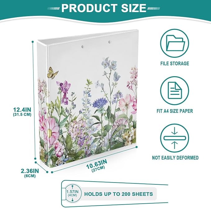 3 Ring Binder, Spring Wild Flowers Butterfly File Folder Holds 200 Sheets File Storage for Women Men School Office Supplie