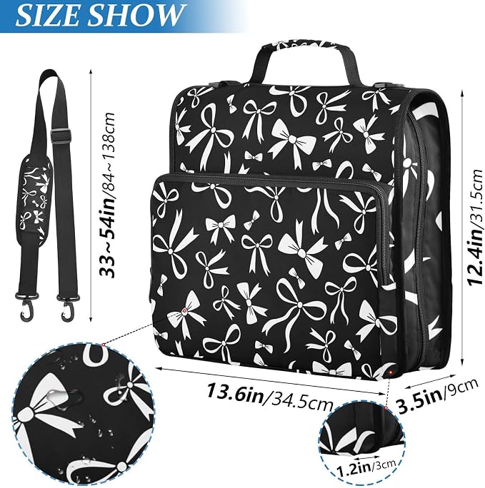 Ribbon Bow Black Print Zipper Binder Bag 3 Ring with Shoulder Strap & Handle Multi Pocket Binder Organizer Bag Large Capacity for School Office Supplies