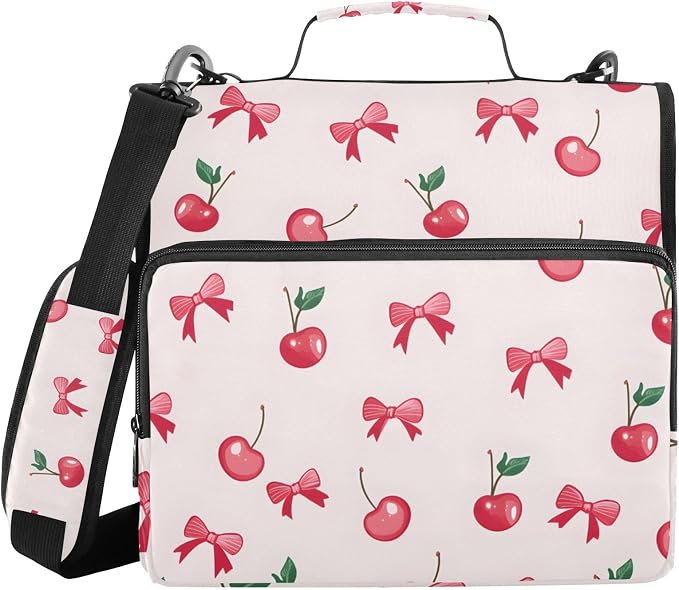 Cherry Bow Pattern 3 Ring Zipper Binder Bag Binder Organizer with Handle Shoulder Strap for School Work Office Supplies