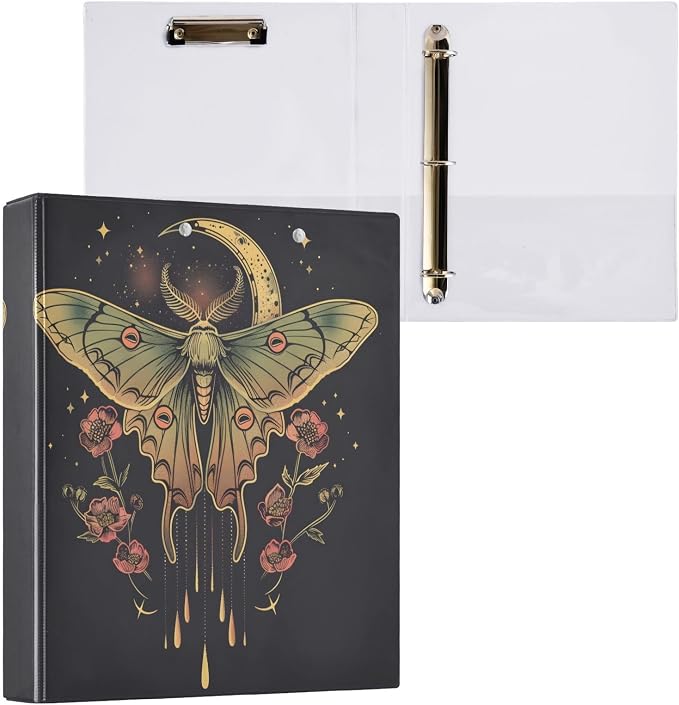 3 Ring Binder Moth Moon Floral 1.5" Round Ring Binders View Binder with 200 Sheet for Women Men Office Kids School Supplies, 1 Pack