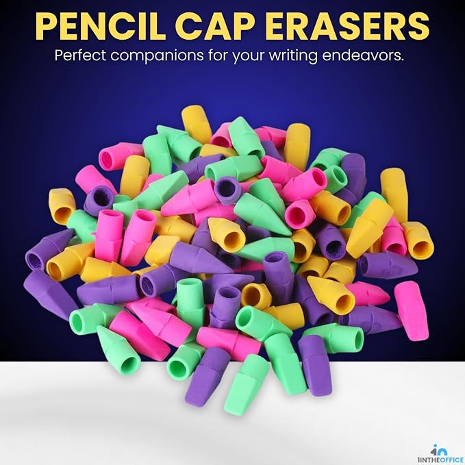 1InTheOffice Pencil Cap Erasers, Assorted Colors, Arrowhead Caps Tops Eraser, Eraser Cap for Art, Pencil Cap Set, 12 Pack (Assorted Colors, 36 Pack)