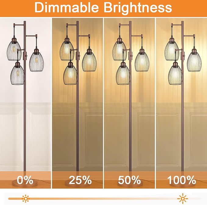 Torondo Dimmable Farmhouse Industrial Floor Lamp, Matte Brown Tree Standing Tall Lamps with 3 Elegant Teardrop Cage Head & 800 Lumens LED Edison Bulbs for Living Room Bedroom Office Dining Room