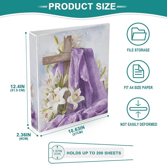 Holiday Cross&Lily Christian Easter Binder 3 Ring 1.5 Inch Binder with Clipboard&Pockets, Hardcover Binders Heavy Duty Large File Folder for Office School Supplies - Holds 200 Sheets, 2 PC
