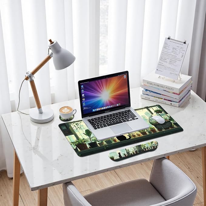 Cute Cat Mouse Pad Set Green Plants Cartoon Anime City Gaming Mousepad 4in1 Desk Mat for Desktop Wrist Support Cup Coaster Set Ergonomic Computer Desk Arm Wrist for Decor Home Office