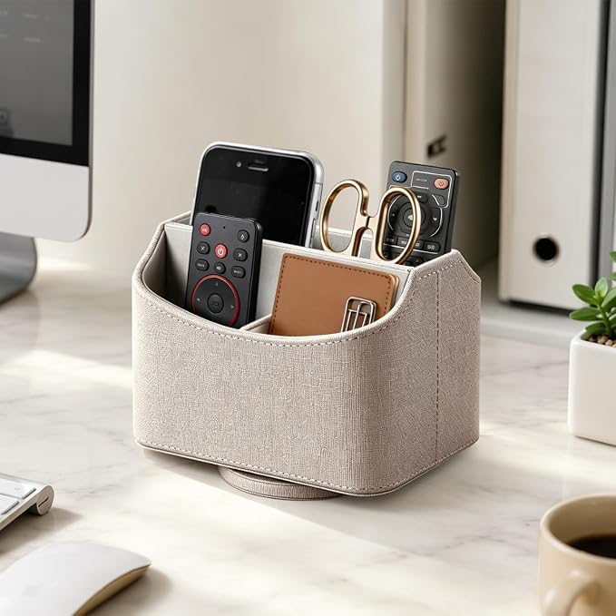 YAPISHI Gold flower pattern Leather Remote Control Holder,360 Degree Spinning Desk TV Remote Caddy/Box,nightstand Organizer for Controller,Media,Cosmetic, Mobile Phone, Pen/Pencil Stationery Storage | PU Leather Decor Aesthtic Swivel Bedside Table Desk...