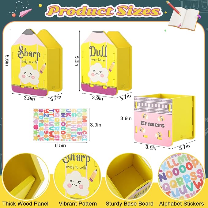 3 Pcs Pencil Shaped Holder Eraser Storage Bucket Wooden Sharp and Dull Holder Cute Wood Pencil Dispenser for Back to School Classroom Students Teachers Office Desk Organization Accessories