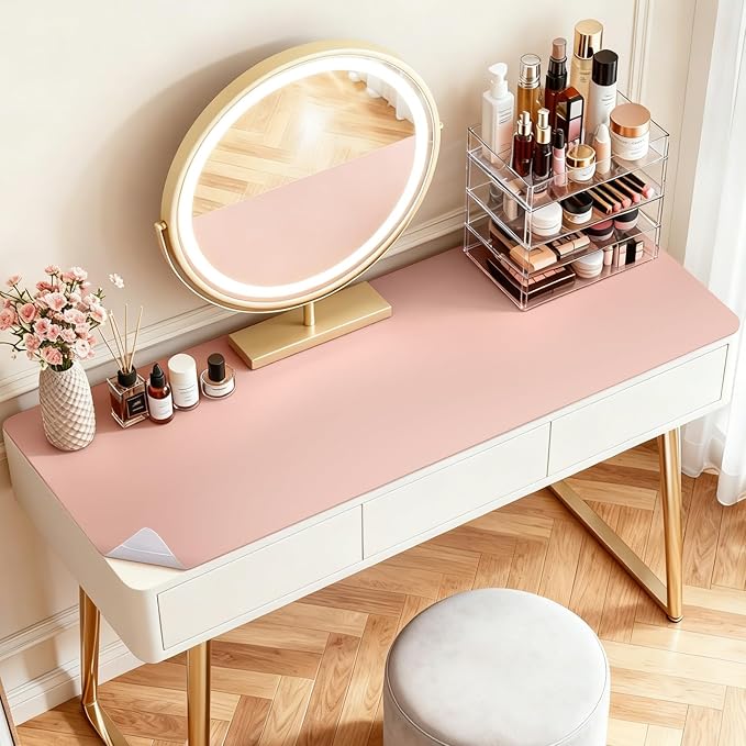 LovePads Makeup Mat for Vanity, 17" x 28" PVC Desk Mat & Dresser Cover Top | Waterproof Desk Protector, Vanity and Desk Accessories; Wipes Clean, Ideal for Writing, Nail Art, Craft Table, Pink+Silver