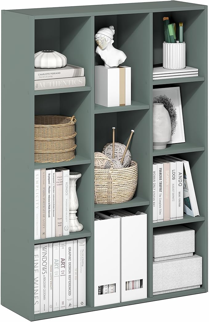 Furinno LUDER Book Shelf, 11-Cube Bookshelf, Reversible Bookcase, 9.4 x 29.1 x 41.7, Easy Assembly, for Living Room, Bedroom, Home Office, Sage Green
