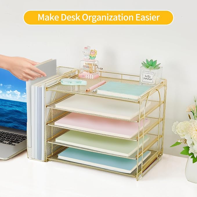 AUPSEN Gold Desk Organizers and Accessories, 5-Tier Desktop Paper File Organizer with Removable File Holder, Desk Accessories & Workspace Organization for Home Office Supplies (Gold)