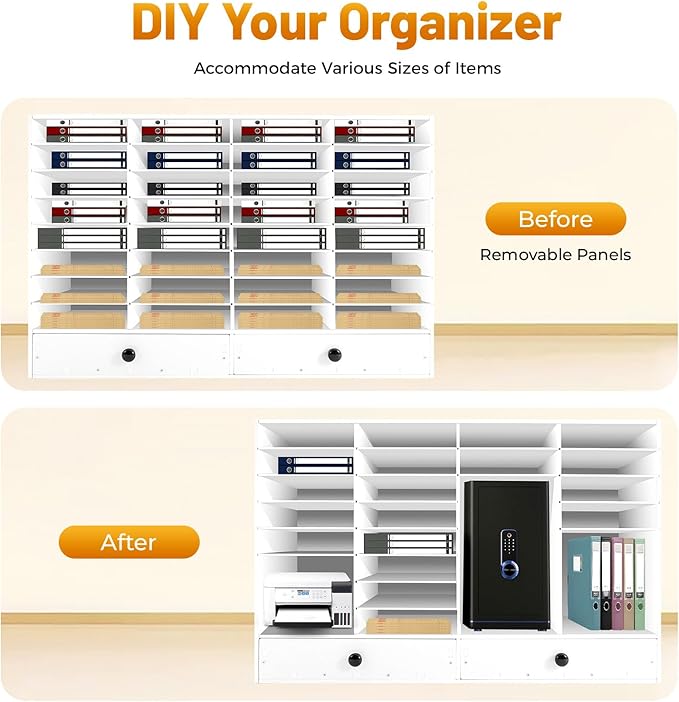 SHIECAMASIC Literature Organizer, 32 Compartments Office Mailbox with 2 Drawers & Adjustable Shelves, Durable Desktop File Sorter for Home, Office and School (White)