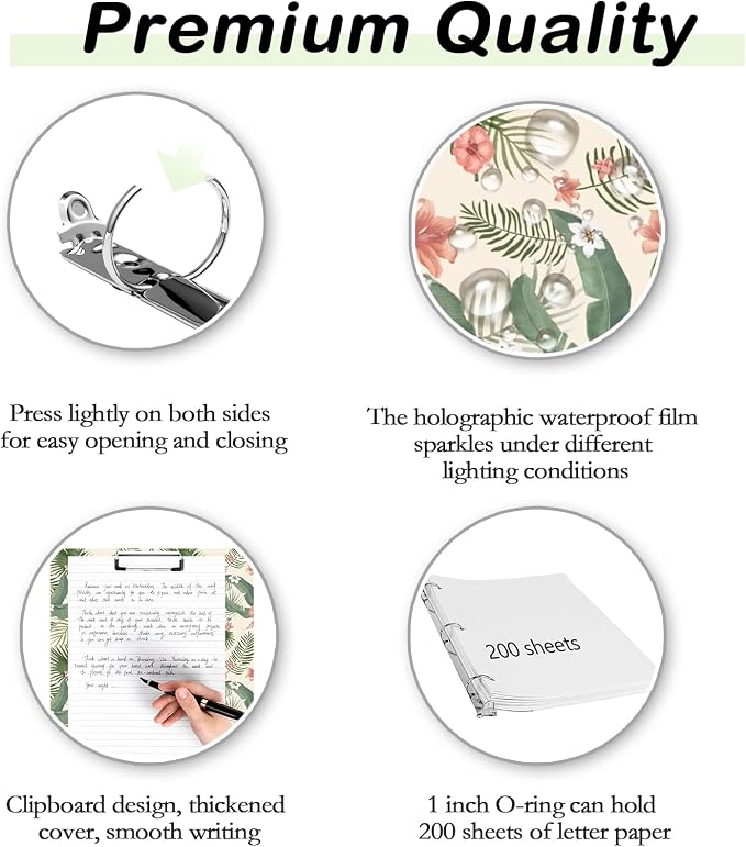 3 Ring Binder 1 inch with Clipboard - Tropical Palm Leaf Design, Includes Dividers, File Bag & Spine Label - Perfect for School, Office, and Organization, Holographic Waterproof Film