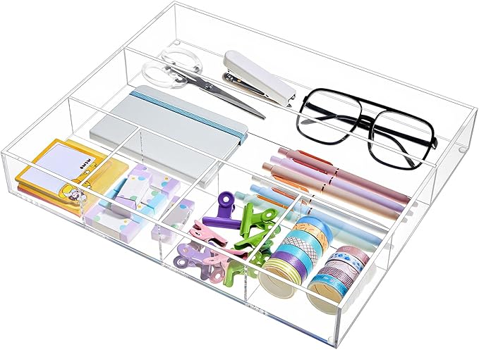 Large Acrylic Desk Deep Drawer Organizer with Adjustable Dividers, Anti-skip Clear Desk Top Junk Drawer Storage Tray for Pens, Desktop, Office, Bathroom, Kitchen, Makeup Supplies(6 Compartments)
