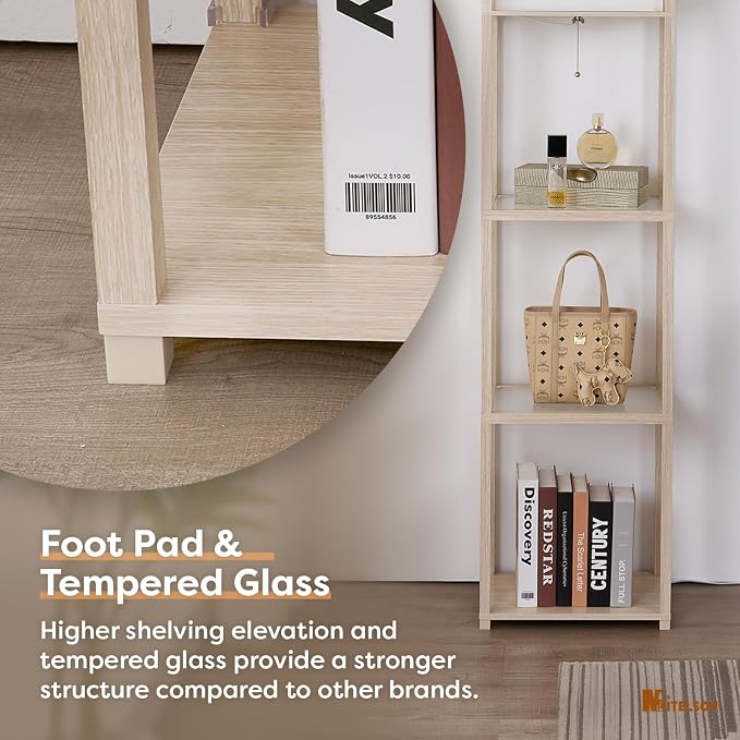 Floor Lamp with Shelves, Modern Standing Lamp with Tempered Glass Shelves, Corner Display Shelf Lamp, Tall Lamps with Shelves for Living Room, Bedroom, Office, Whitewashed Oak