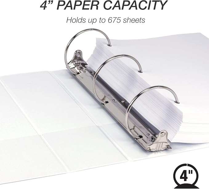 Samsill 4 Inch 3 Ring Binder, Economy Round Ring, Clear View Cover, 675 Sheet Capacity - for School, Office, Home - Pearl White
