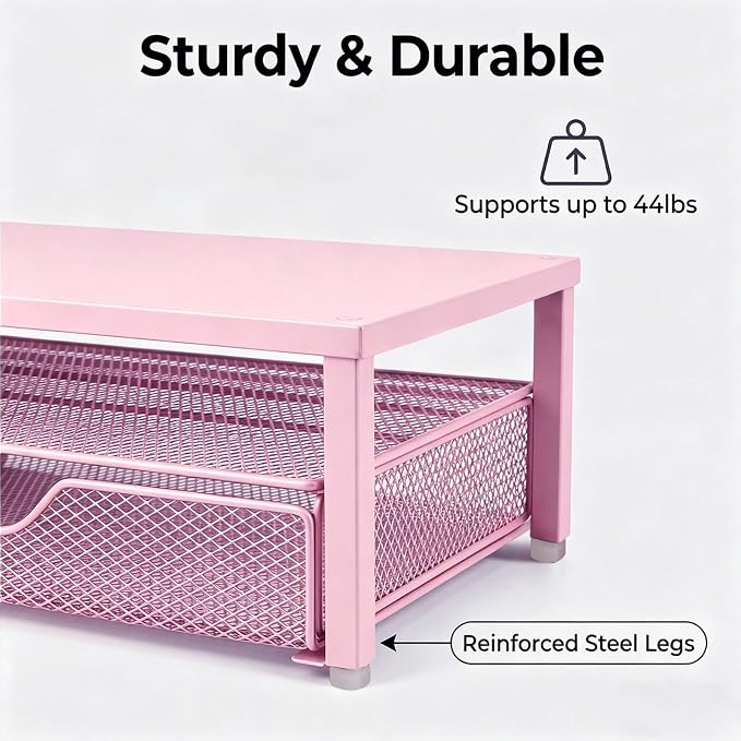 Spacrea Desk Organizer and Accessories, Computer Monitor Stand Riser with Drawer and 1 Open Pen Holder, Printer & Laptop Stand, Office Desk Accessories for Home Office Supplies (Pink)