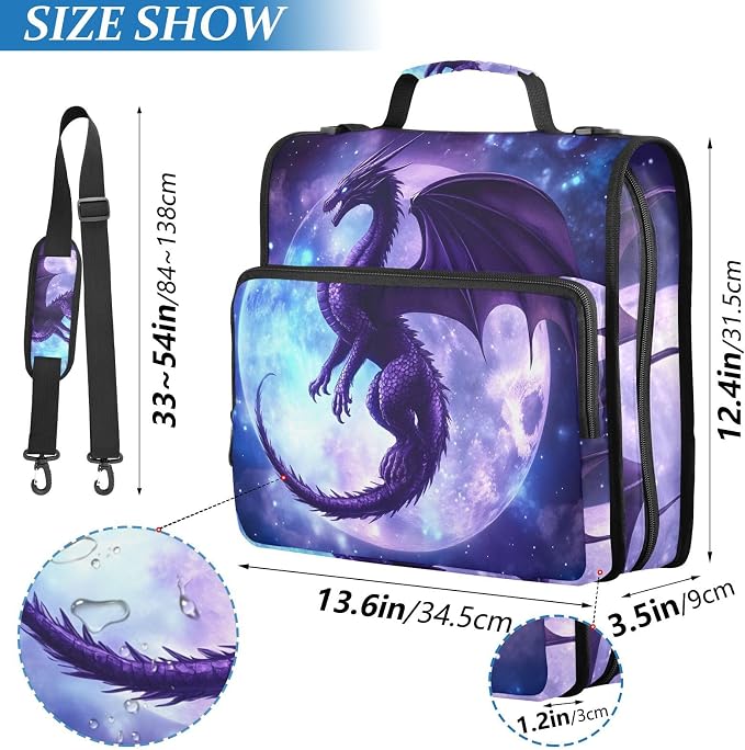 3 Ring Zipper Binder with Shoulder Strap Dragon Moon 2 Inch Zippered Binder Bag 500 Sheet Capacity Multi Pockets for School Supplies