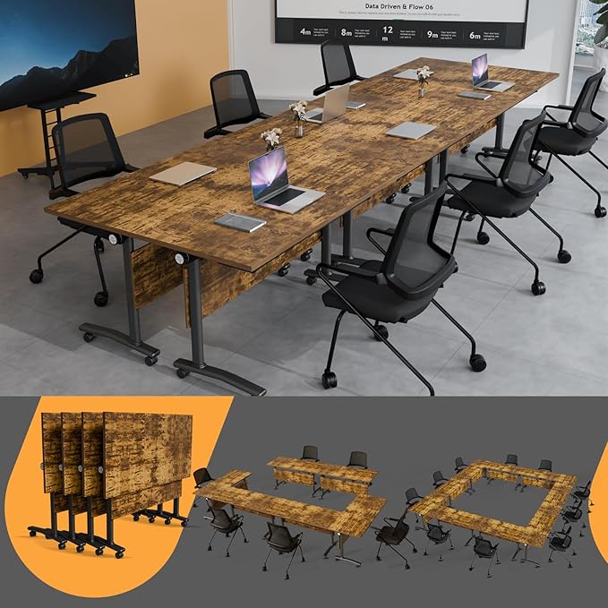 Folding Conference Table 4ft 5ft, Foldable Office Meeting Desk for 6 People, Multiple Sizes Colors Mobile Conference Room Table for Training Room School Business Furniture (2, Brown, 71in)