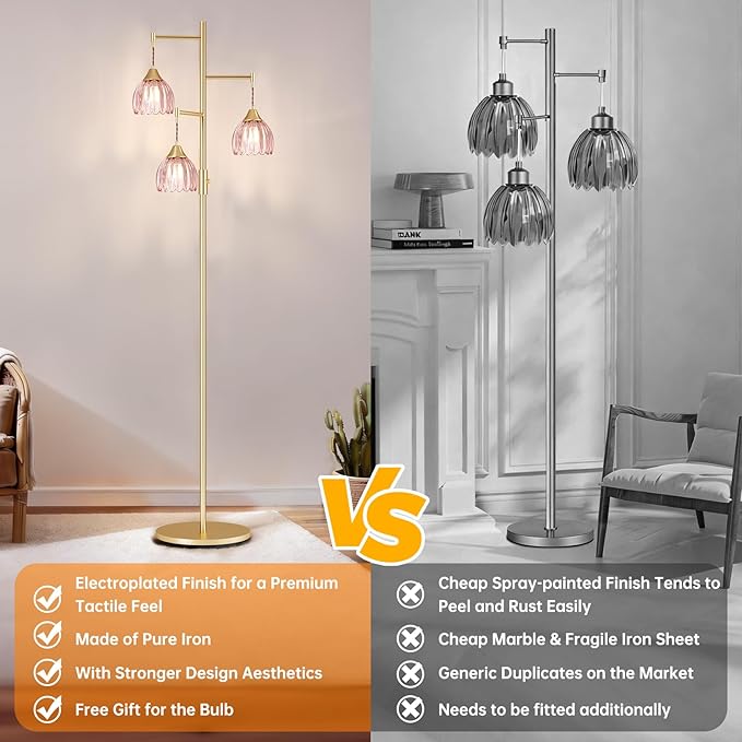 Shenmoyl Stepless Dimming Floor Lamps for Living Room, Bedroom, Gold Standing Lamp with 3pcs 6W Bulbs, Vintage Brass Floor Lamp for Corner, Nursery (Pink Tulip)