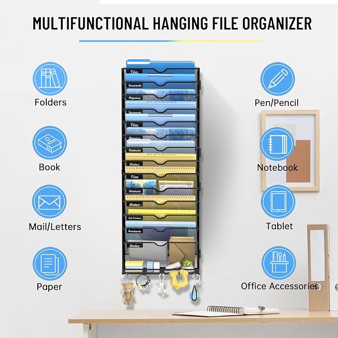 15-Tier Wall File Organizer with Hooks, Hanging File Organizer | Metal Mesh Mail Organizer, Wall Mounted File Organizer for Home, Classroom, Office Organization
