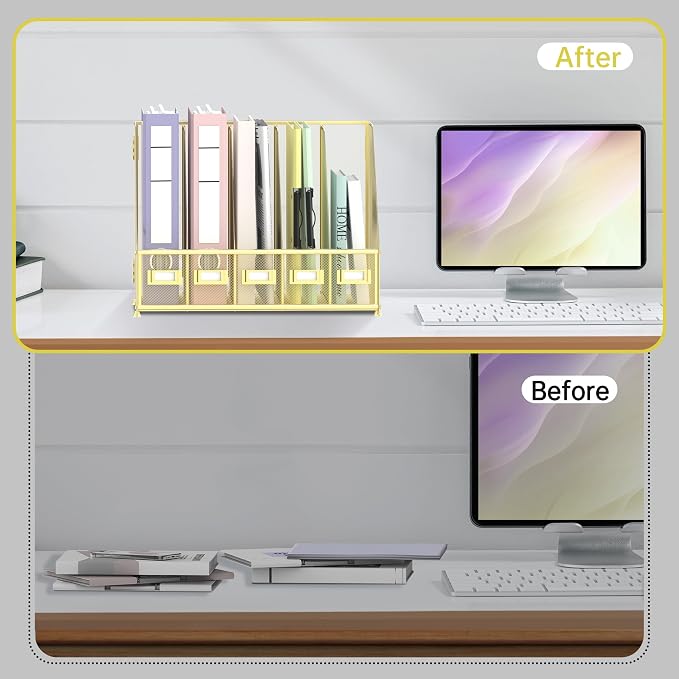 Desk Organizers Metal Desk Magazine File Holder with 5 Vertical Compartments Rack File Organizer for Office Desktop, Home Workspace, Gold Plus