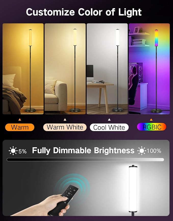 OUTON Bright Smart Floor Lamp with Remote, App & Touch Control, RGB Color Changing Standing Lamp, 2200K-6500K Dimmable, 3 Adjustable Heights, 32 Scenes for Living Room Bedroom Office Black