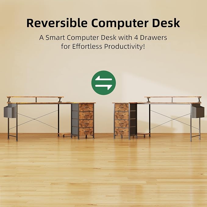 VERMESS 63" Reversible L Shaped Gaming Computer Desk, Corner Desk with Power Outlets & Monitor Stand, Writing Study Table with 4 Storage Drawers, Desk with LED Lights, Rustic Brown