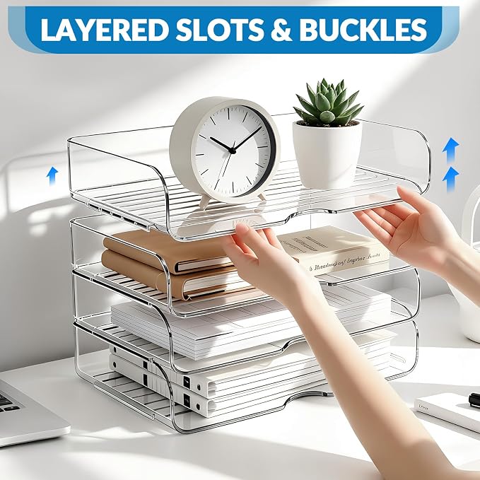 4-Tier Horizontal Acrylic Paper Organizer for A4/Letter Documents | Large Capacity Acrylic File Organizer for Notebooks & Stationery, Sturdy Desk Accessory Suitable for Office, Home and Study