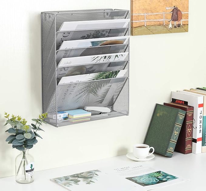 EasyPAG 5 Tier Wall File Holder, Mesh Hanging Folder Organizer with Classify Label, Versatile Desk File Holder, Vertical Wall Mounted Mail Organizer for Office Home Cubicle, Pink