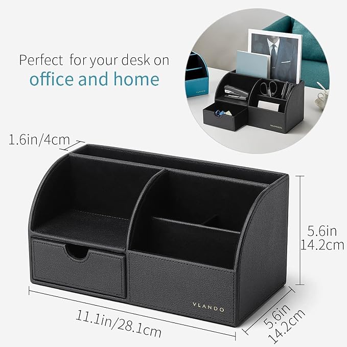 VLANDO Office Desk Organizer Leather Desktop Organizer Caddy with Drawer for Storing Desktop Supplies and Accessories (Black Set) | Black leather desk organizer set combines divided desktop storage and a pull-out drawer for office supplies and accessories
