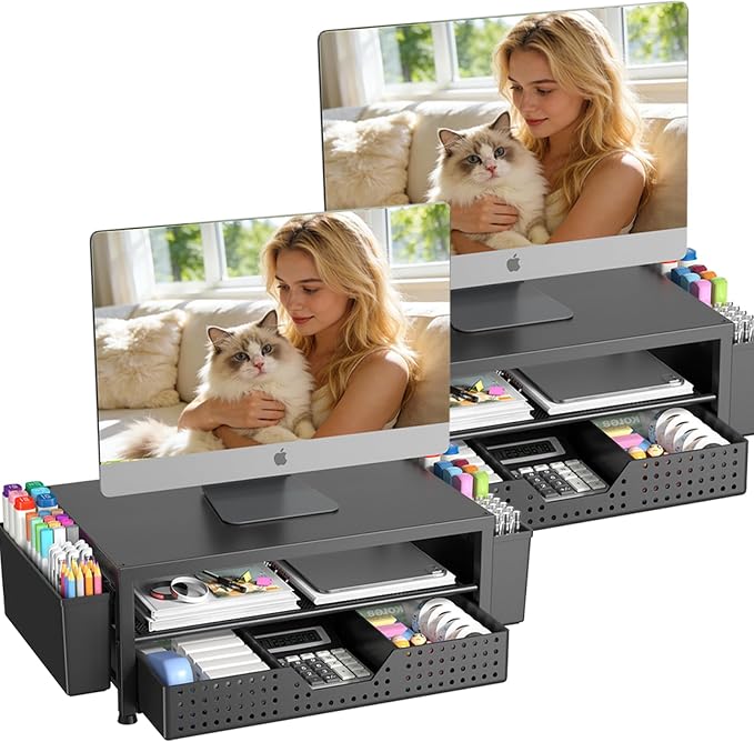 Desk Organizers and Accessories, Computer Monitor Stand Riser with Drawer and 2 Pen Holders, Printer & Laptop Stand, Office Desk Accessories & Workspace Organizers for Home Office Supplies, Black 2-Pack