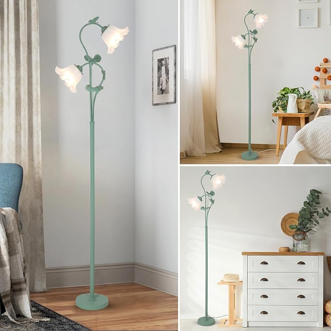 HMVPL Flower Floor Lamp for Living Room, Vintage Floor Lamp with 2 LED 5W Blubs, Foot Switch, Green Standing Lamp with Acrylic Shade, Unique Floral Tall Lamp for Living Room Bedroom Corner Office