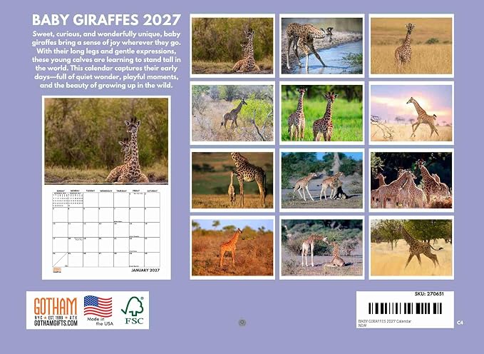 Baby Giraffe Calendar 2027 Monthly Wall Calender 12 Month