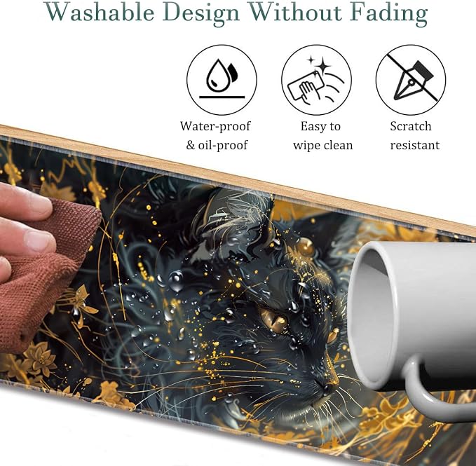 Extended Gaming Mouse Pad 31.5" x 11.8", with Edge Stitching, Non-Slip Rubber Base Keyboard Pad, Suitable for Work, Game, Office, Home and Coasters, Black Cat with Gold Floral