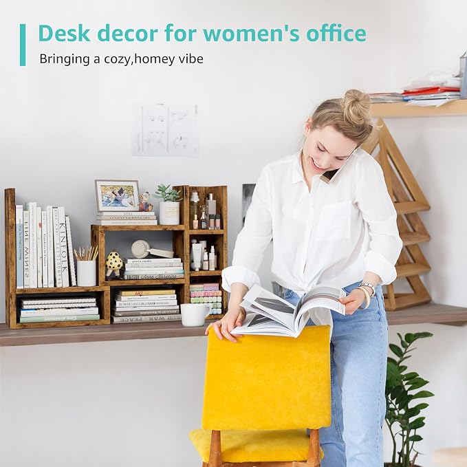 NUTIKAS Desk Shelves Desktop Organizer Shlef - Rustic Office Organization for Top of Desk Organizers and Accessories Corner Bookshelf Table Top Shelving Small Hutch Decorations for Office