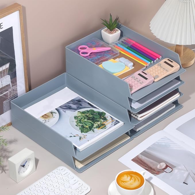 6 Pcs Stackable Paper Trays Rectangular Plastic Desk Holder Desktop Document File Organizer Storage Letter for Office Classroom (Gray)