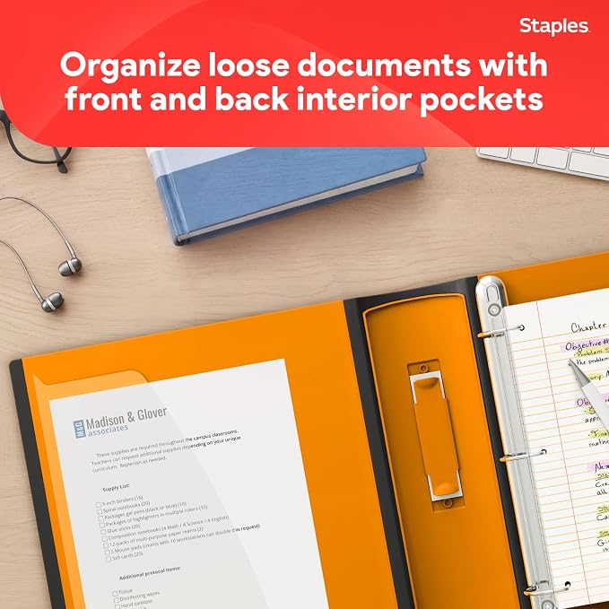 Staples 3 Inch D-Ring Heavy-Duty View Binder, Orange, Holds 600 Sheets | Reinforced 3-ring construction for school and office document storage.