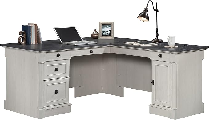 Sauder Palladia L Shaped Desk with Drawers, Office Desk with File Cabinet Storage, Cable Management, Keyboard Tray, in Glacier Oak Finish