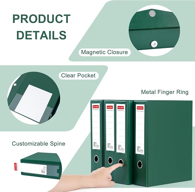 Storage File Boxes 4 Pack, Foldable File Box with Clip, 88mm Spine, Green | Archives Cases with Magnetic Closure, Plastic Document File Organizer Storage