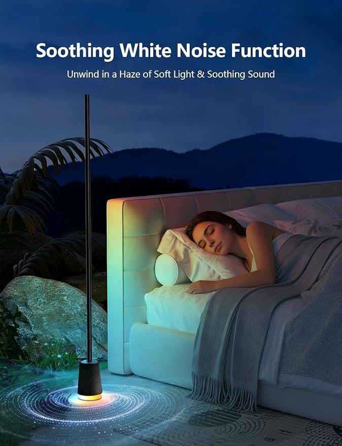 Lanmonlily Corner Floor Lamp, 1600lm RGB Corner Lamp, with Bluetooth Speaker and White Noise, Compatible with Alexa & Google, 16 Million DIY Colors, Sync with Music, for Bedroom &Living Room