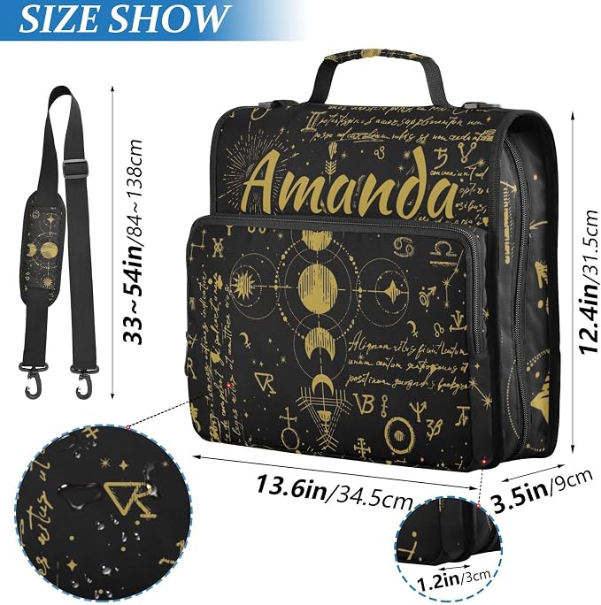 Custom 3 Ring Zipper Binder Sun Moon Astrology Boho Personalized Name 1.5 inch Binders Large Capacity Multi Pockets for School Office Supplies