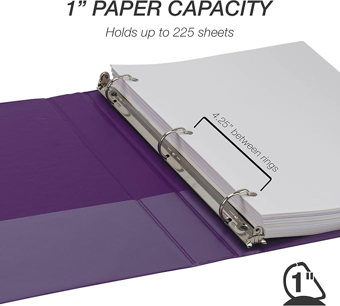 Samsill Durable 1 inch 3 Ring Binder, D Ring Binder, 100% Recycled Chipboard, Purple
